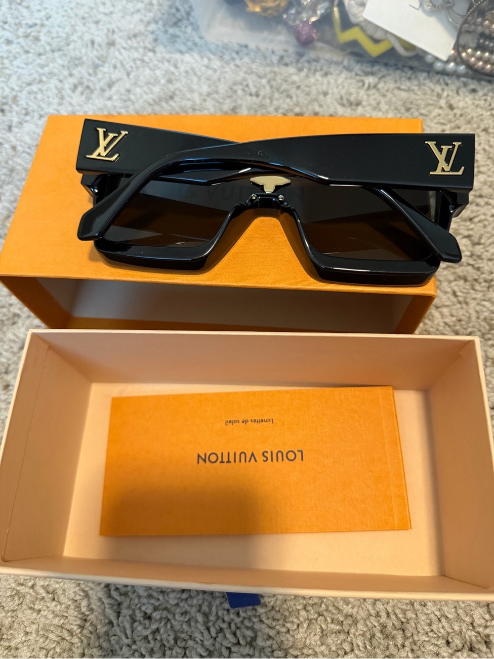 Louis Vuitton Black Shield Sunglasses with Gold LV Accents